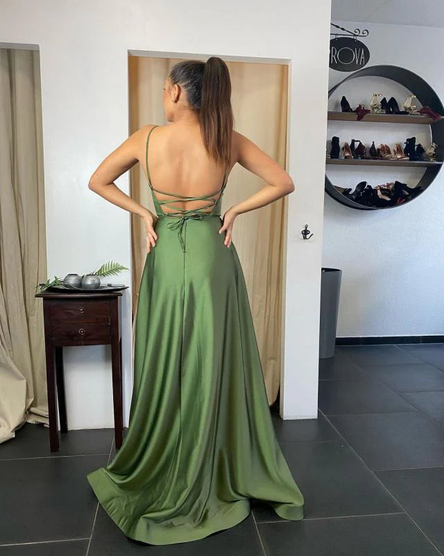 Vestidos de fiesta sexys con tirantes finos, espalda abierta, satén, volantes y abertura lateral / Tienda de vestidos de fiesta